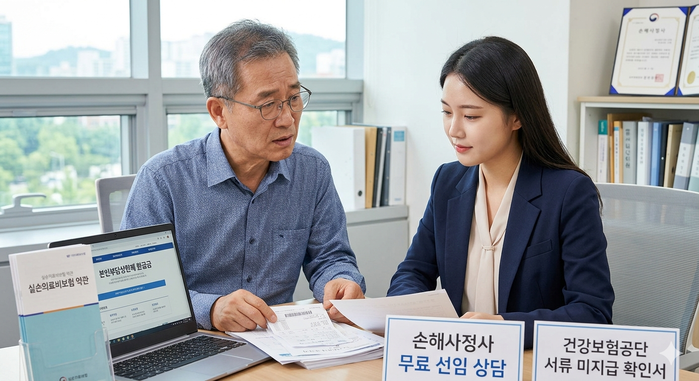 보험사 현장조사 통보를 받은 소비자가 스마트폰으로 독립 손해사정사를 검색해 무료 선임 절차를 확인하는 모습 &ndash; 배상책임보험 손해사정사 무료 선임 안내