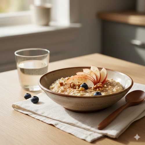 장운동에 도움을 주는 수용성 식이섬유가 풍부한 사과와 귀리 식단 이미지