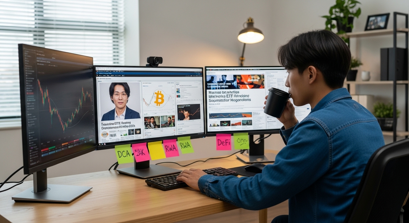 multiple computer monitors displaying Bitcoin charts and news articles about regulations and ETFs