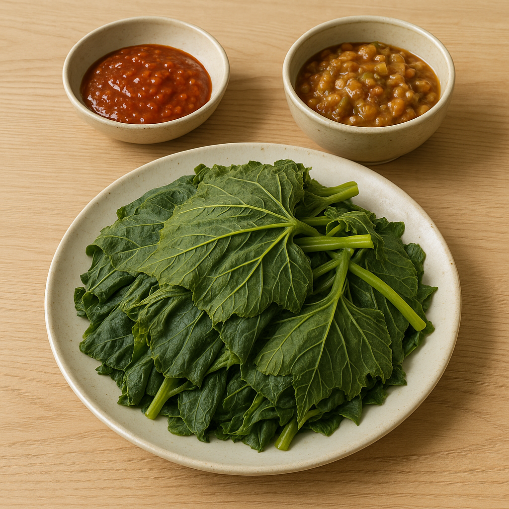 호박잎 찜과 강된장, 쌈장으로 차린 식사