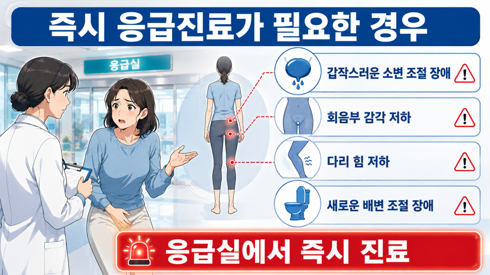 갑작스러운 소변 조절 장애와 회음부 감각 저하&middot;다리 힘 저하&middot;배변 조절 장애 동반 시 응급진료 안내