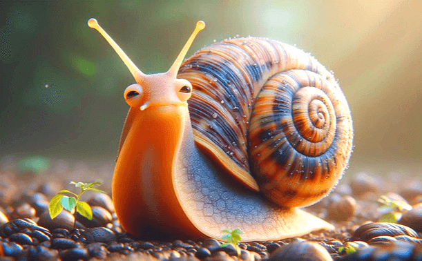돌멩이밭에 달팽이가 한 마리 있다. 등에는 둥그런 집을 매달고 있다.