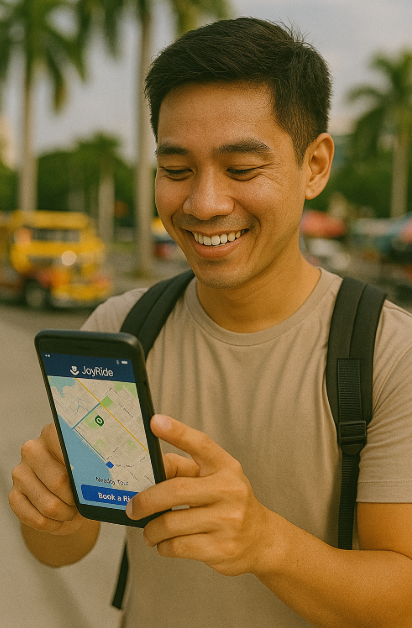 필리핀 여행하면서 JoyRide앱으로 택시 확인하는 사진