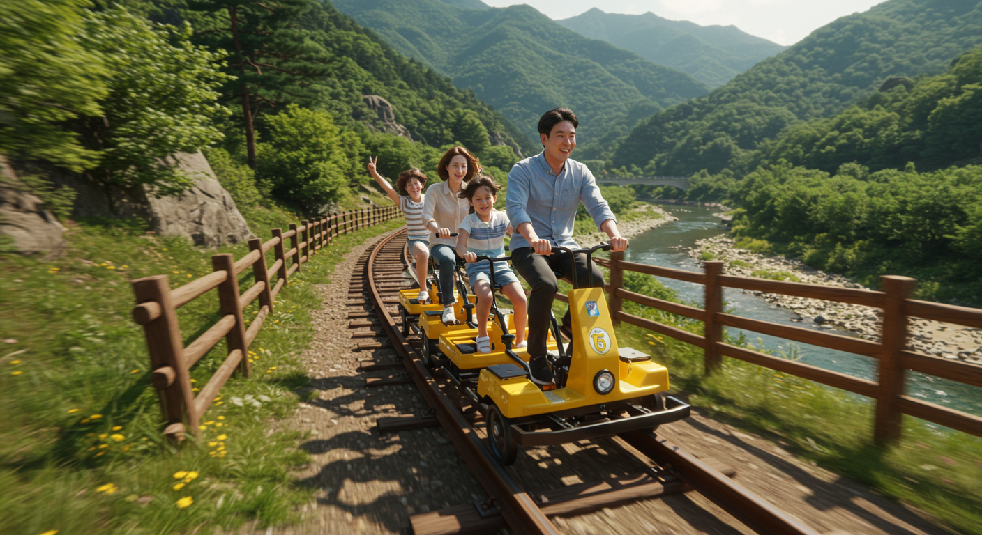 정선 레일바이크를 타며 산과 강 풍경을 즐기는 가족
