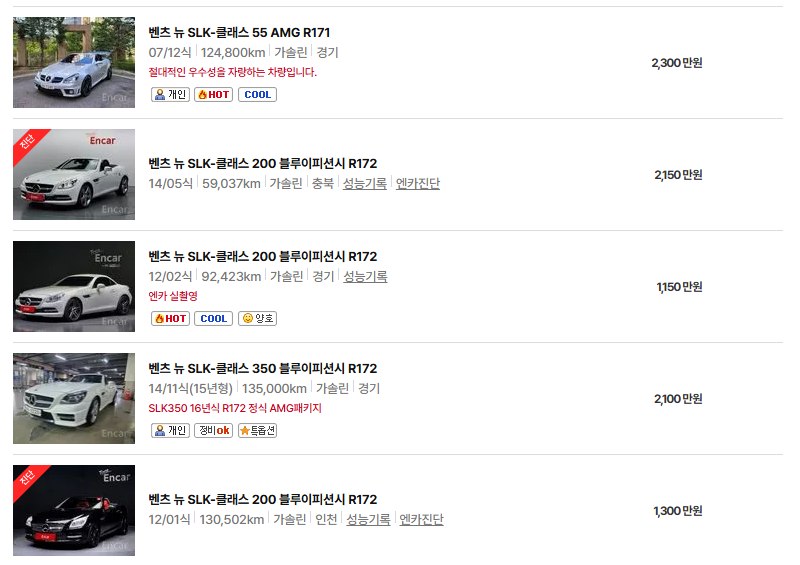 벤츠 SLK 중고차 가격 시세표 24년