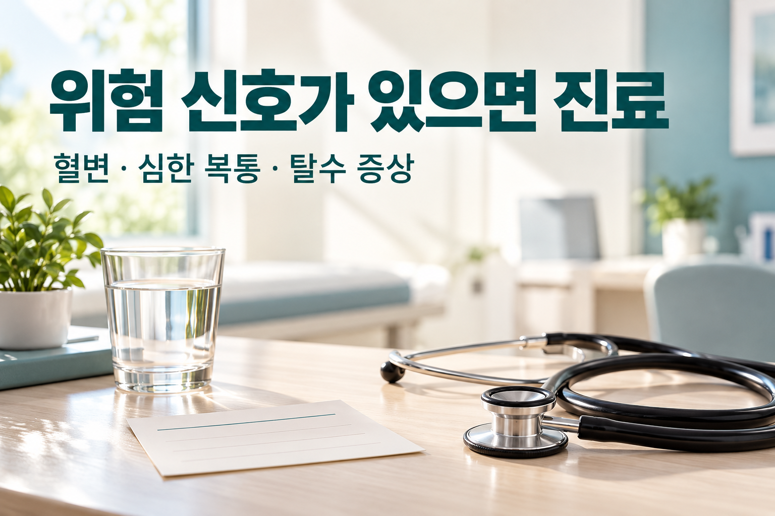 진료실 책상 위의 청진기와 물컵, 빈 카드