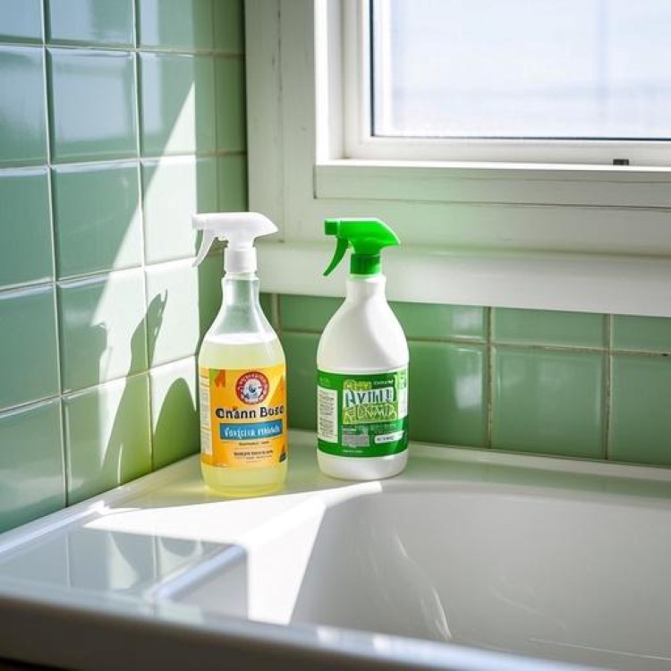 깨끗하고 밝은 욕실 내부, 타일 사이와 실리콘 부분이 흰색으로 깨끗한 모습. 베이킹소다, 식초, 스프레이 병 등 천연 청소 도구들이 깔끔하게 정리된 모습. 창가에 햇살이 들어오는 밝고 쾌적한 분위기.