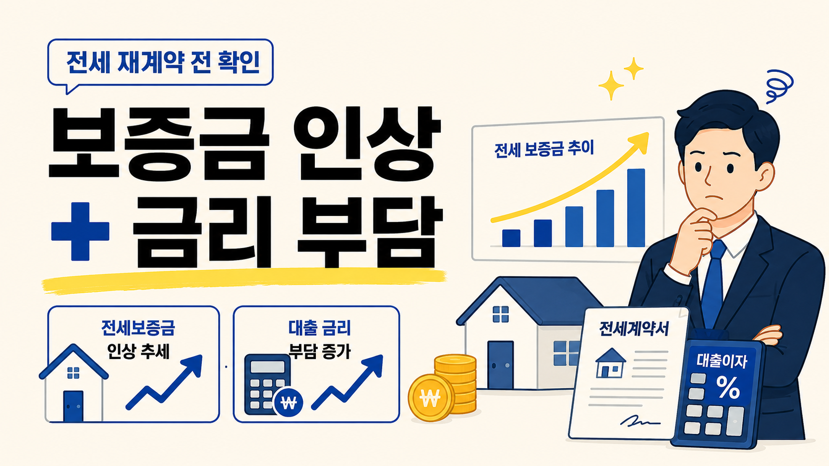 전세 재계약 전 보증금 인상과 대출 금리 부담 증가를 그래프와 계산기로 설명한 금융 정보 이미지