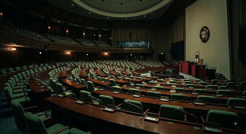 국회 본회의장 빈 의석과 마이크, 긴장감 있는 실내 조명