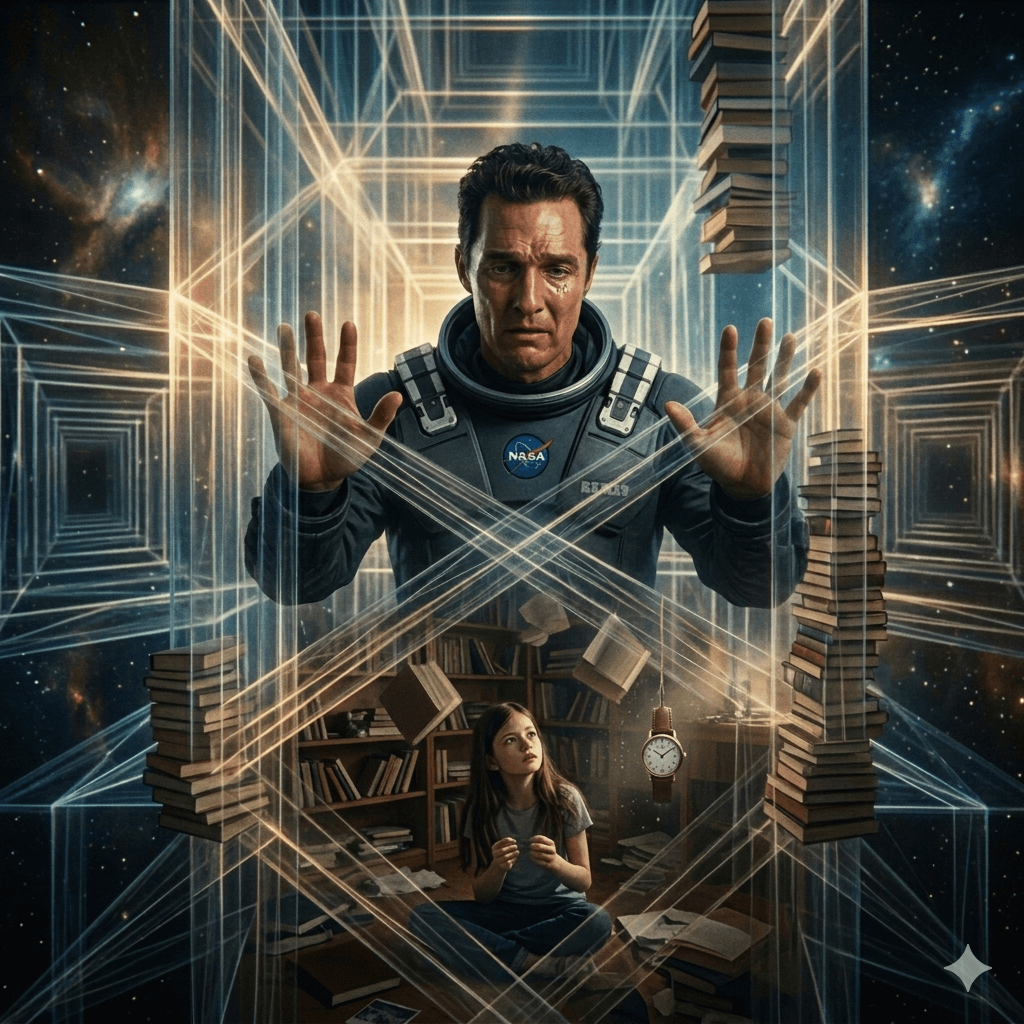영화 인터스텔라의 5차원 공간 테서랙트에서 과거의 어린 딸 머피를 바라보며 시공간을 초월한 교감을 시도하는 아버지 쿠퍼의 모습