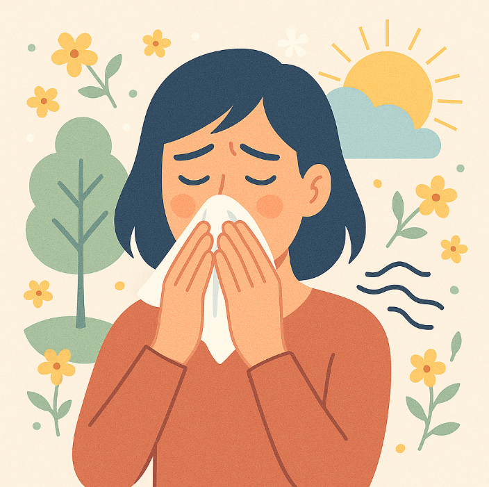 계절성 알레르기 비염으로 코를 풀고 있는 여성의 일러스트 – 꽃가루와 햇살, 바람을 배경으로 한 감성적인 묘사.