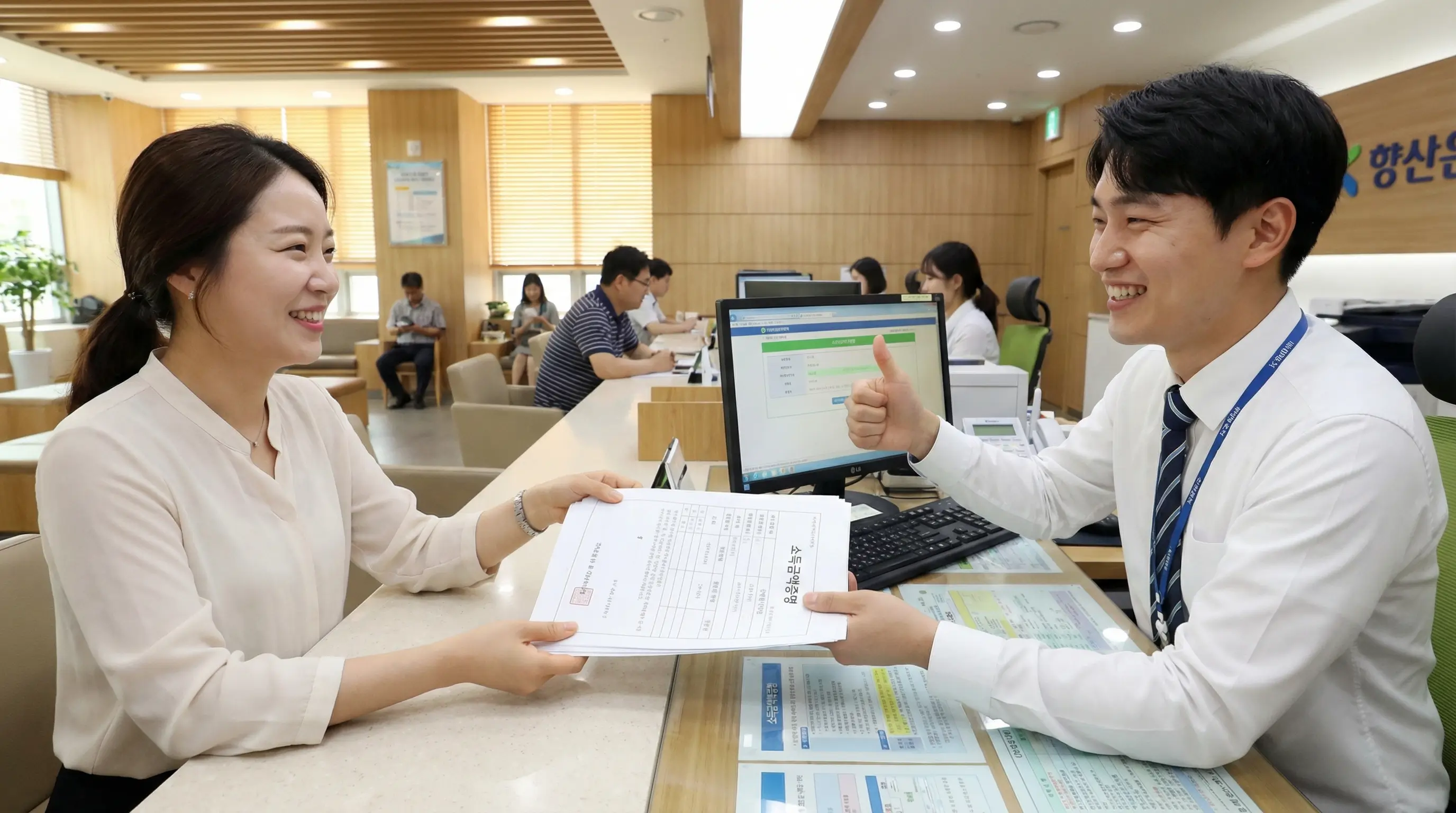 은행 창구에서 상담사에게 소득 증빙 서류를 제출하고 긍정적인 답변을 듣는 모습