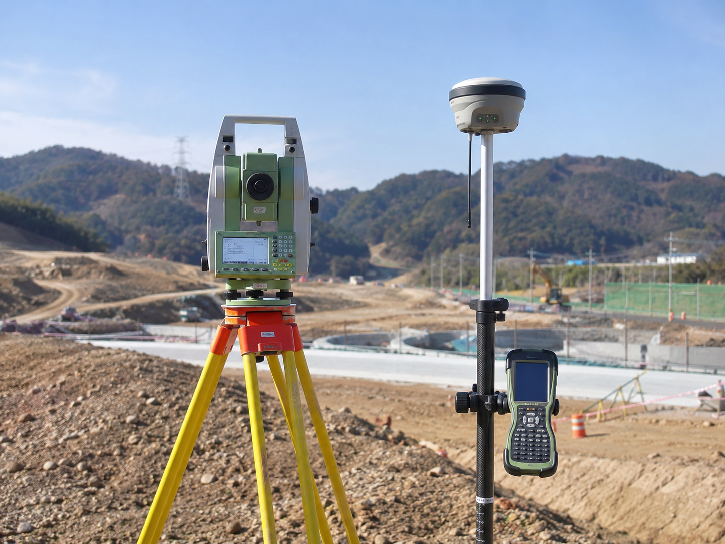 좌측 광파기, 우측 gps 측량기 사진