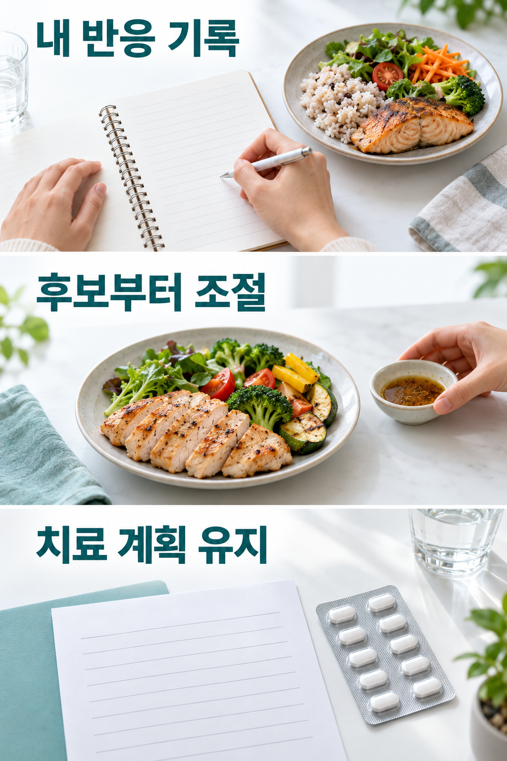 식사와 빈 기록장, 소스를 따로 둔 음식, 약 옆의 문서를 세 장면으로 나눈 모습