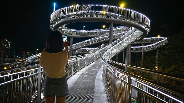 스페이스워크를 배경으로 사진을 찍고 있다