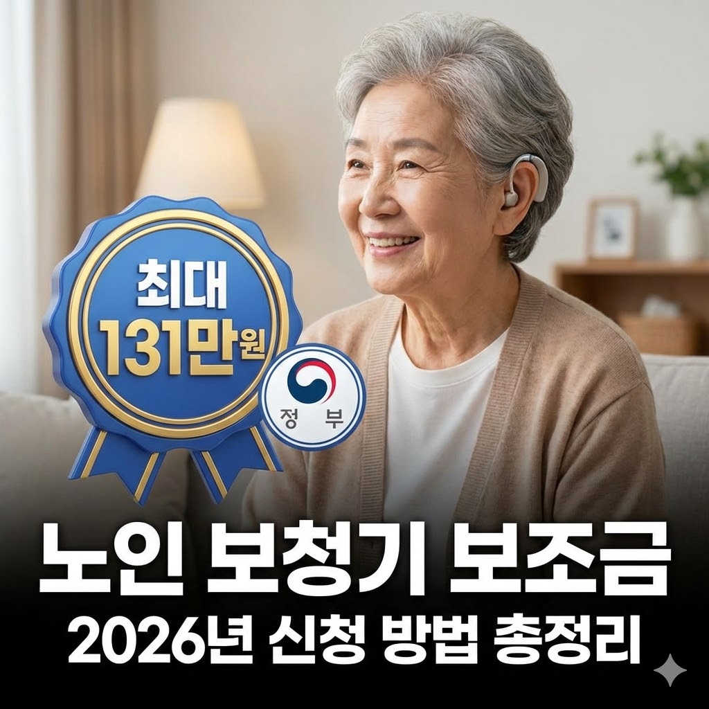 2026년 노인 보청기 국가보조금 지원 금액 최대 131만 원 안내. 신청 절차 6단계와 청각장애 등록 필수 조건, 본인부담금 10% 등 핵심 정보 요약 인포그래픽 이미지