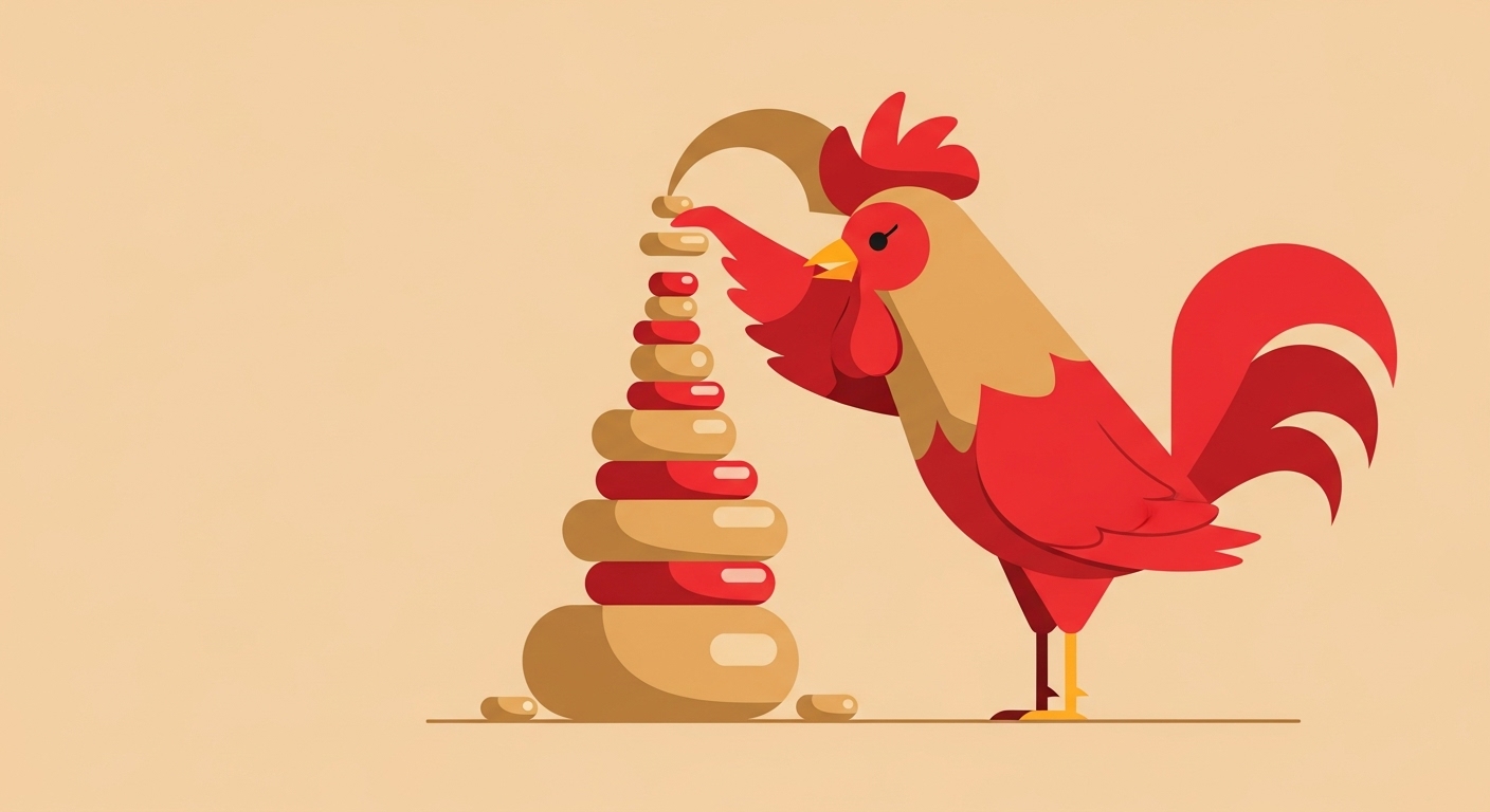 돌탑을 쌓으며 정교하게 일을 마무리하는 닭띠 캐릭터 일러스트