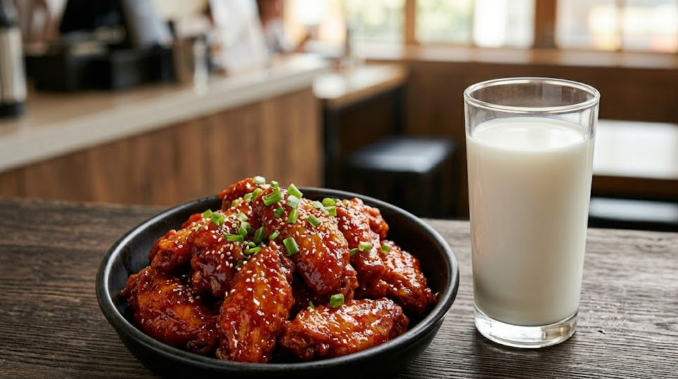 매콤한 빨간 닭요리 접시 바로 옆에 신선하고 하얀 우유 한 잔이 깔끔하게 놓여 있는 테이블 세팅