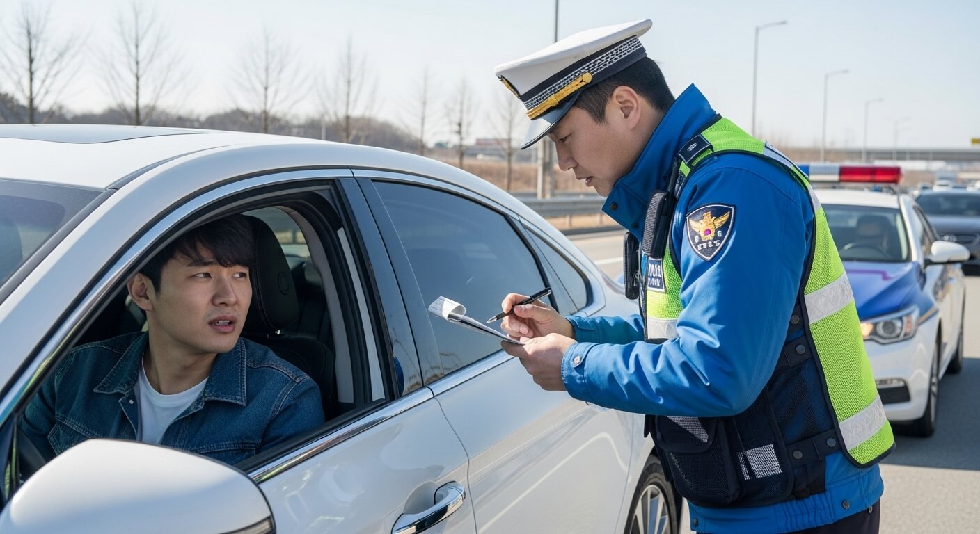 고속도로에서 교통경찰이 차량 운전자에게 위반 고지를 설명하는 장면