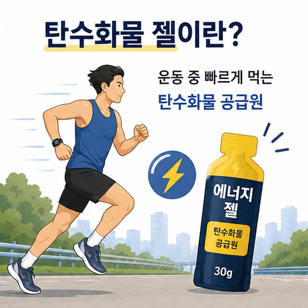 장거리 달리기를 하는 러너와 에너지젤을 이용해 운동 중 탄수화물을 보충하는 탄수화물 젤의 의미를 설명한 이미지