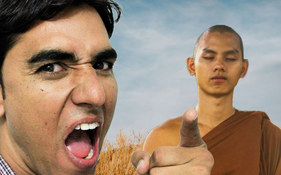 스님에게 화를 내고있는 남자 사진