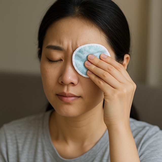 여성이 눈 위에 냉찜질 패드를 올리고 있는 모습(출처: 자체제작)