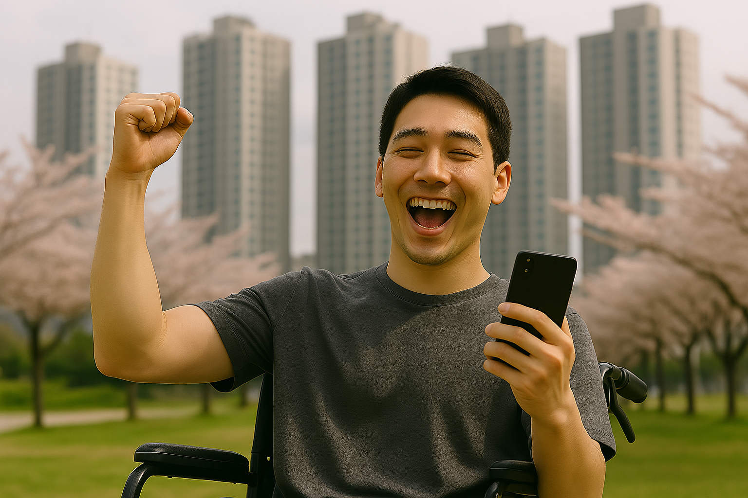 회천중앙역 로제비앙 그랜드센텀 장애인 특별공급 청약에 당첨되어 청년주택드림대출로 내 집 마련에 성공한 청년이 기뻐하는 장면