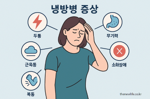 "Infographic showing symptoms of cold air sickness, including headache, fatigue, indigestion, muscle pain, and abdominal pain."-"냉방병 증상을 설명한 인포그래픽. 두통, 무기력, 소화장애, 근육통, 복통이 포함됨."
