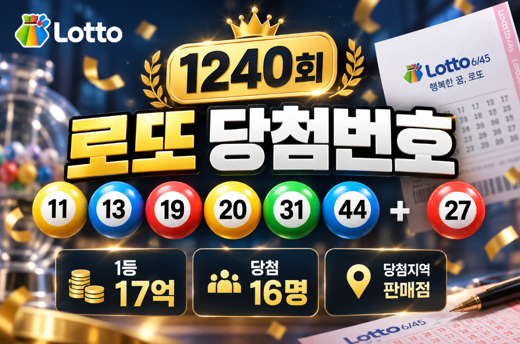 로또 1240회 당첨번호｜1등 17억&middot;16명&middot;당첨지역&middot;판매점