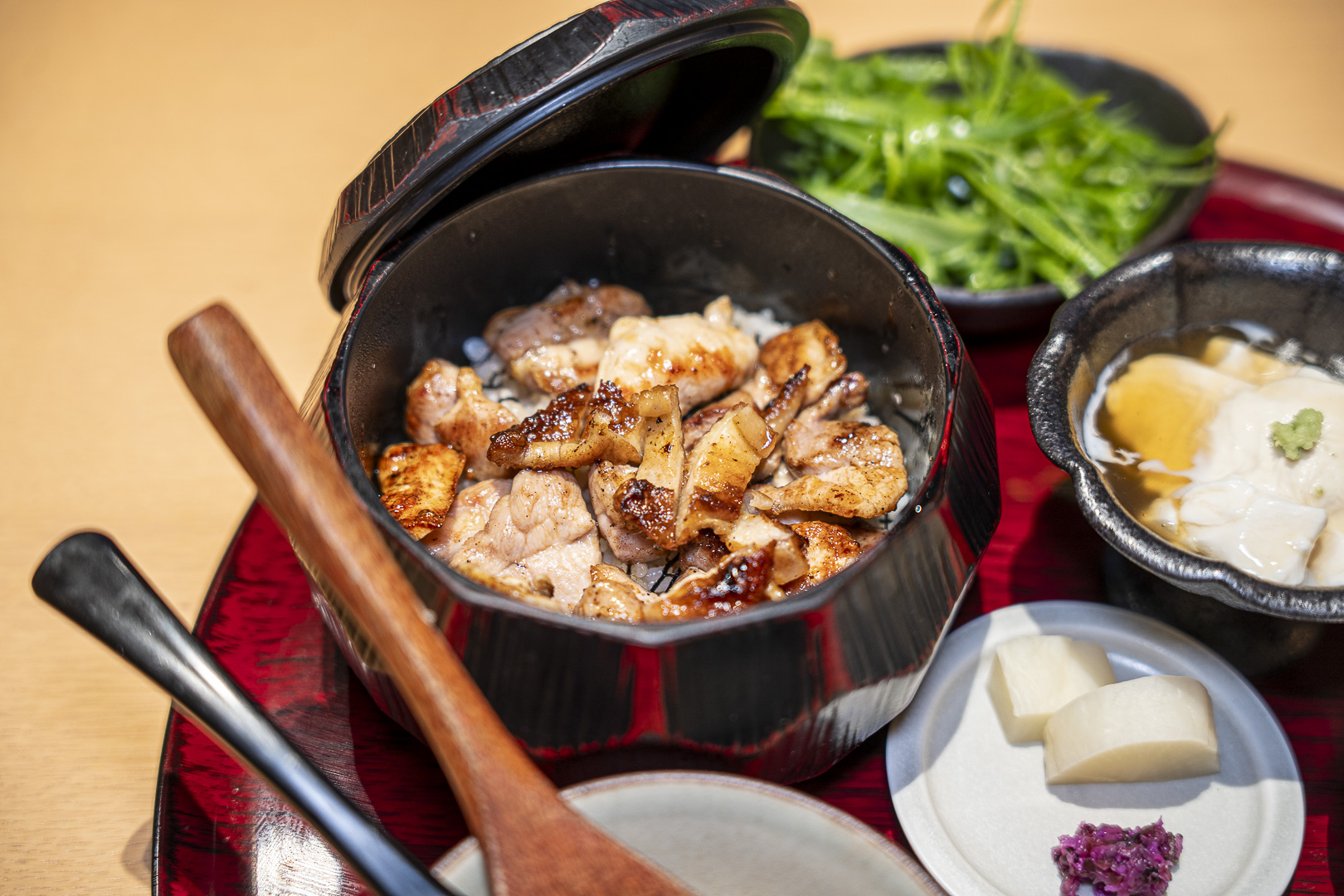Rice topped with meat and side dishes at Teppan Yakitori Kazu, Kyoto Porta