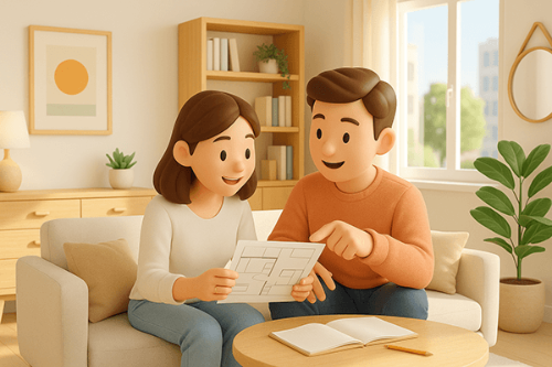신혼부부가 인테리어 계획을 세우고 있는 모습의 웹툰