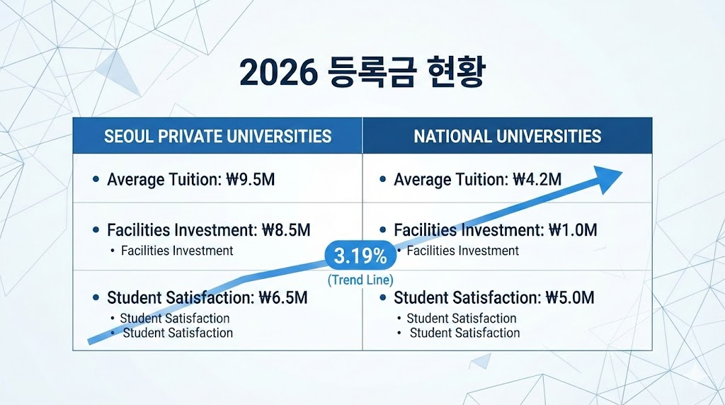 2026년 서울 사립대와 국립대 등록금 인상률 비교 인포그래픽 디자인