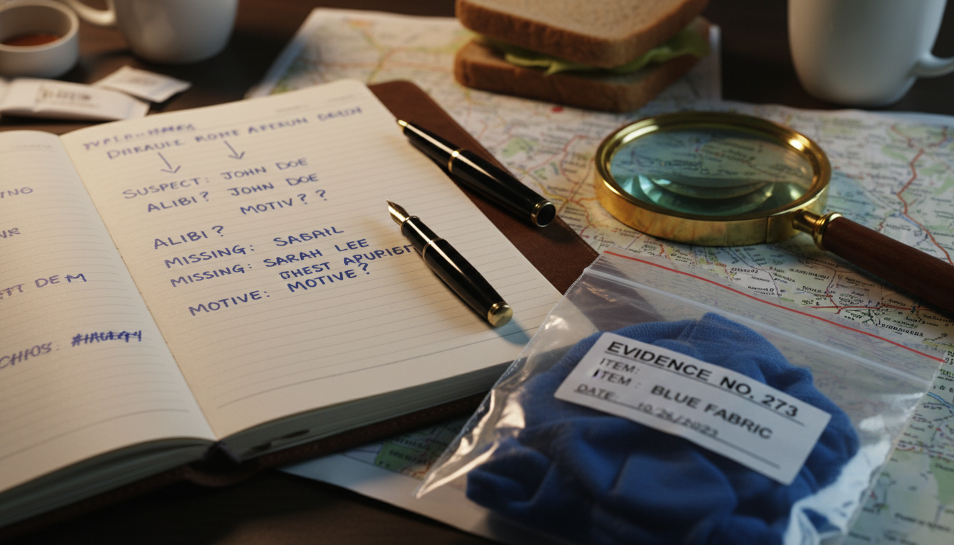 사건을 분석 중인 형사의 수첩과 증거물 봉투에 담긴 푸른 섬유 조각