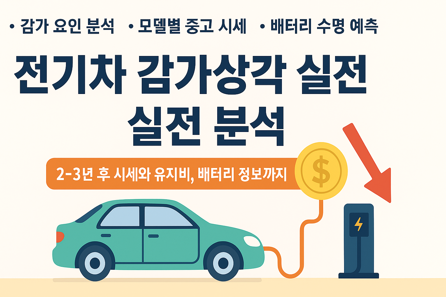 전기차 감가상각 실전 분석 - 감가 요인, 모델별 감가율, 배터리 수명 예측을 다룬 인포그래픽