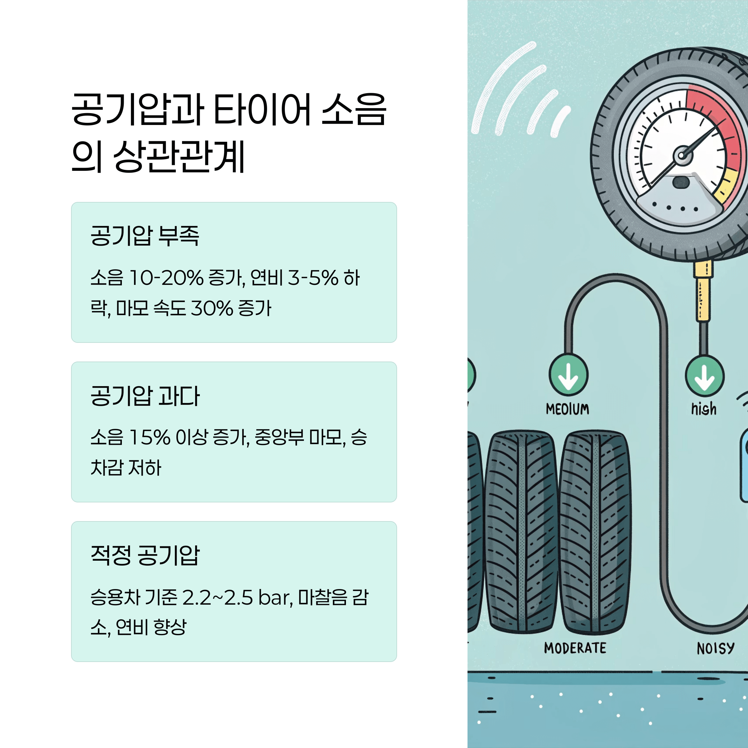 공기압과 타이어 소음의 상관관계를 보여주는 이미지