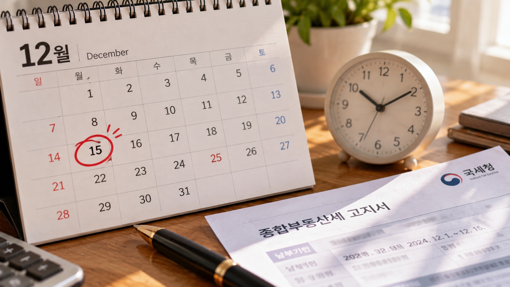 12월 15일에 빨간색 동그라미가 표시된 달력과 탁상시계, 종합부동산세 납부고지서
