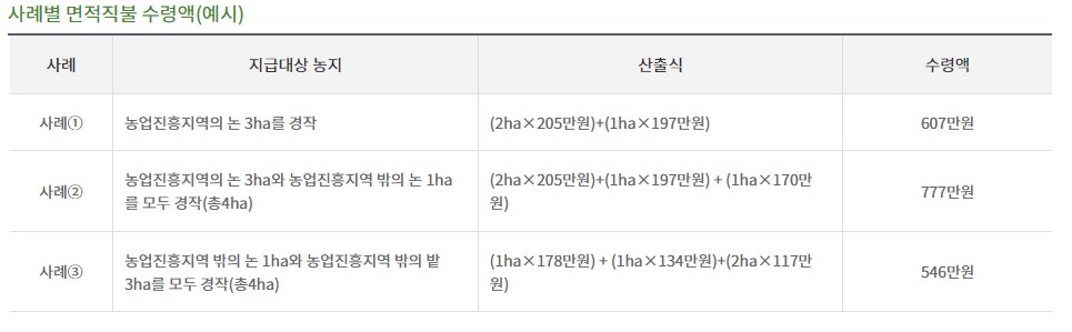 면적직불금 수령액 예시