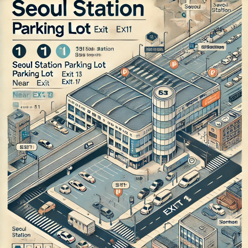 서울역 주차장의 위치를 1번 출구 근처로 강조한 지도 스타일의 그래픽