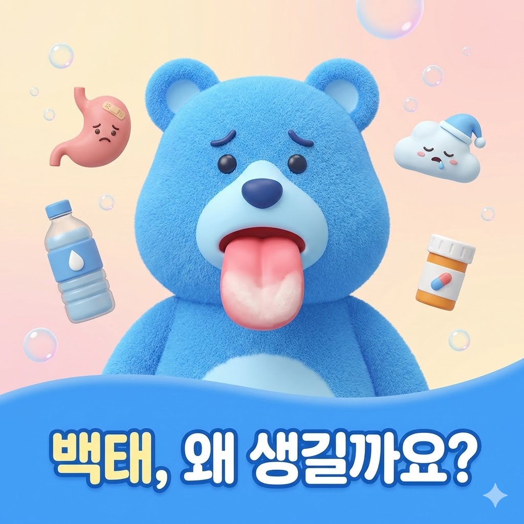 밝은 색상의 3D 카툰 스타일 일러스트로, 걱정스러운 표정의 귀여운 캐릭터와 함께 '백태, 왜 생길까요?'라는 문구가 적혀 있다. 캐릭터 주변에는 소화 불량, 구강 건조, 피로, 약 복용 등을 상징하는 귀여운 아이콘들이 묘사되어 있다.