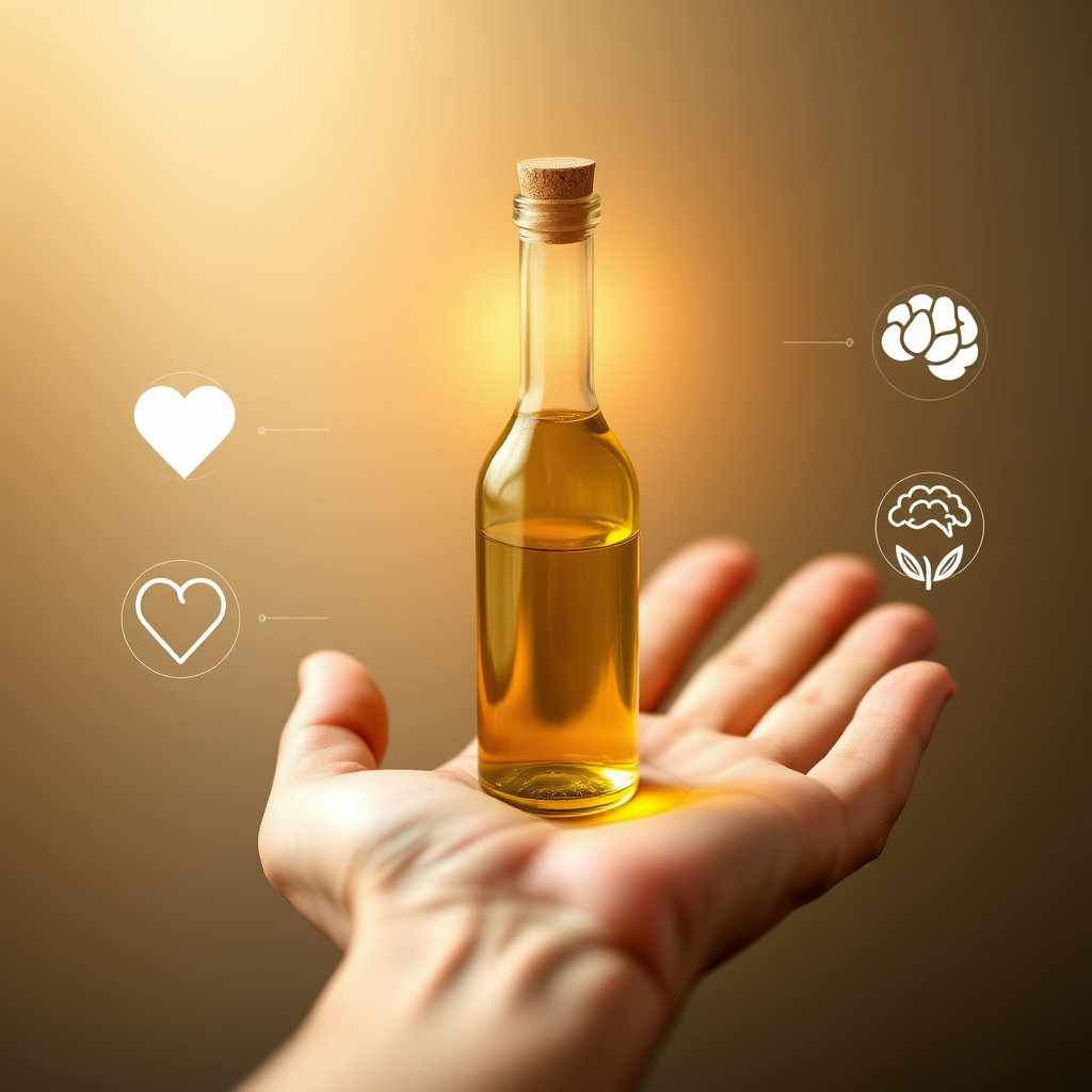 손바닥 위에 조심스럽게 놓인 올리브 오일 병이 따뜻하고 신비로운 빛을 발산하는 모습입니다. 오일 병 주위에는 작은 심장, 뇌, 잎사귀 등 올리브 오일의 다양한 효능을 상징하는 미니멀한 아이콘들이 흩뿌려져 있습니다.