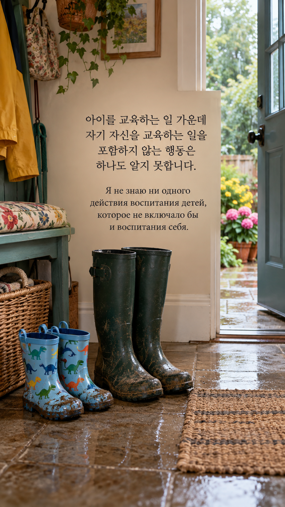 함께 자라는 교육 — 어른과 아이의 장화가 놓인 현관