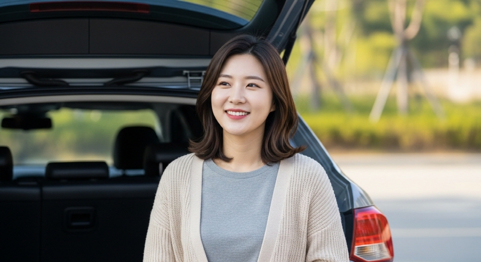 자동차 트렁크 앞에서 여유롭게 웃는 여성