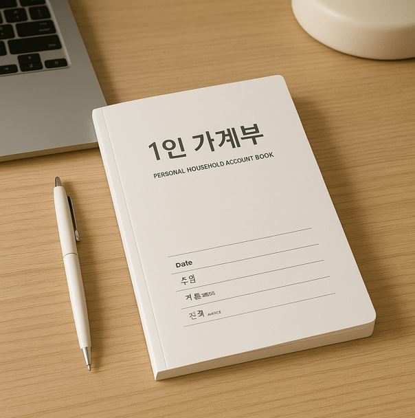 책상 위에 노트북과 1인가계부 수첩, 볼펜이 놓여있다.