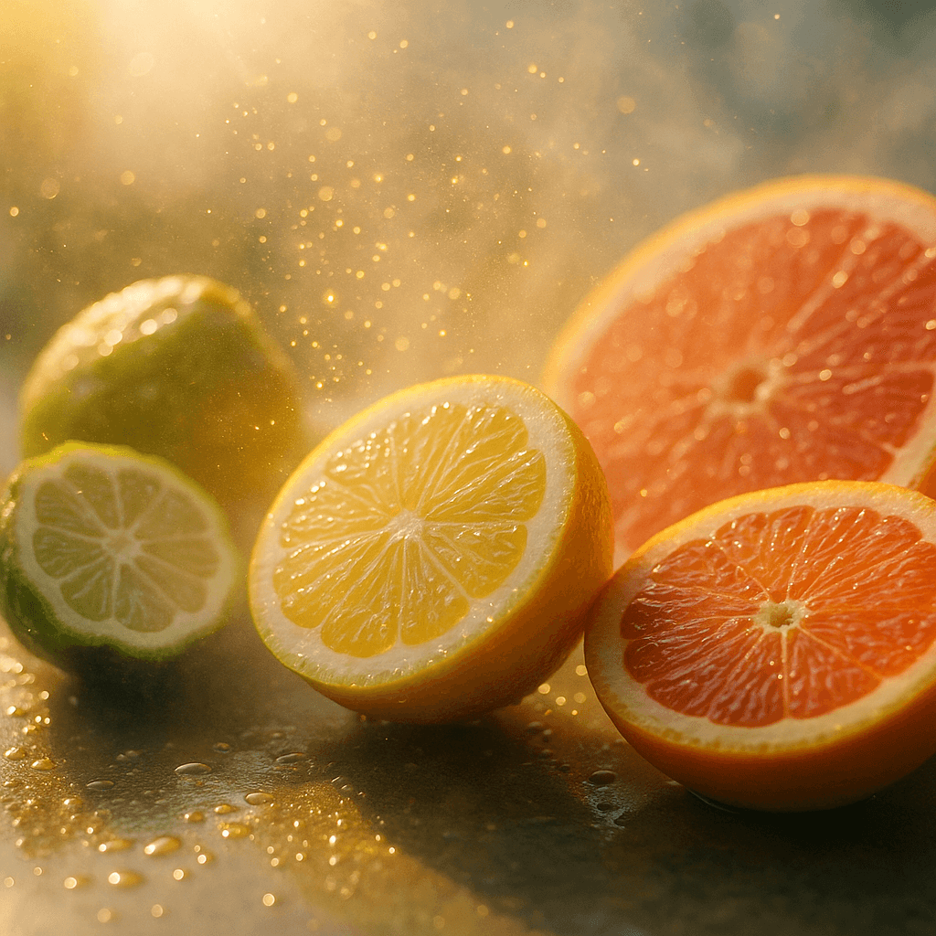 레몬, 자몽, 베르가못이 반으로 잘려 물방울이 맺힌 채 놓여 있고, 따뜻한 아침 햇살이 비치며 공기 중에 황금빛 향기 입자가 퍼지는 상큼하고 상쾌한 분위기의 과일 이미지