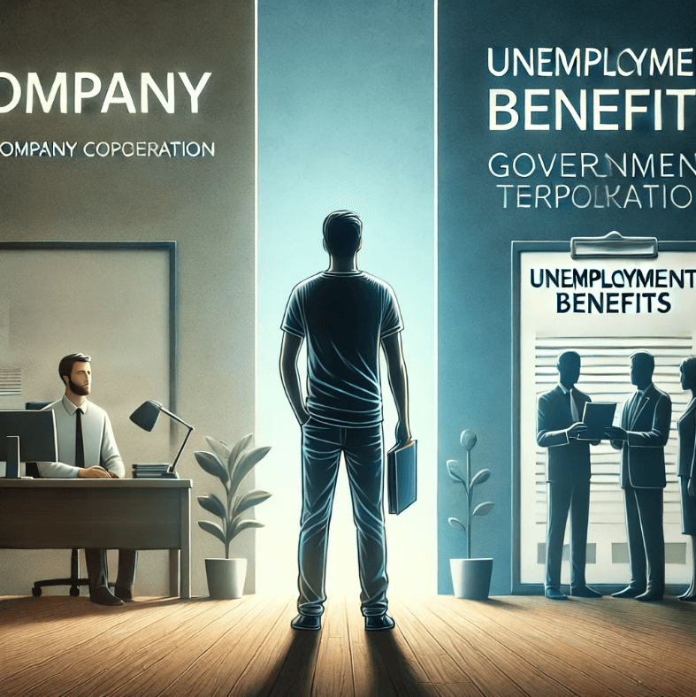 실업급여 신청자가 회사와 고용복지센터 사이에서 서류를 들고 고민하는 모습, 양쪽에 회사와 고용복지센터가 배치된 창의적인 장면