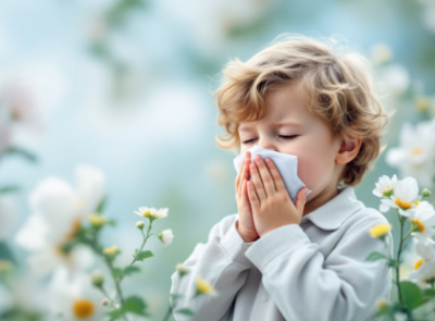 봄철 꽃가루 알레르기로 인해 기관지염으로 힘들어 하고고 있는 어린이의 모습 이미지