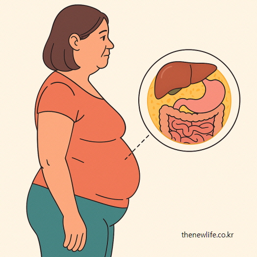 A side view of a middle-aged woman with a protruding belly caused by visceral fat, with an internal organ diagram showing fat around the liver, stomach, and intestines/내장지방으로 배가 나온 중년 여성의 옆모습과 간·위·장기를 둘러싼 지방 단면도 인포그래픽