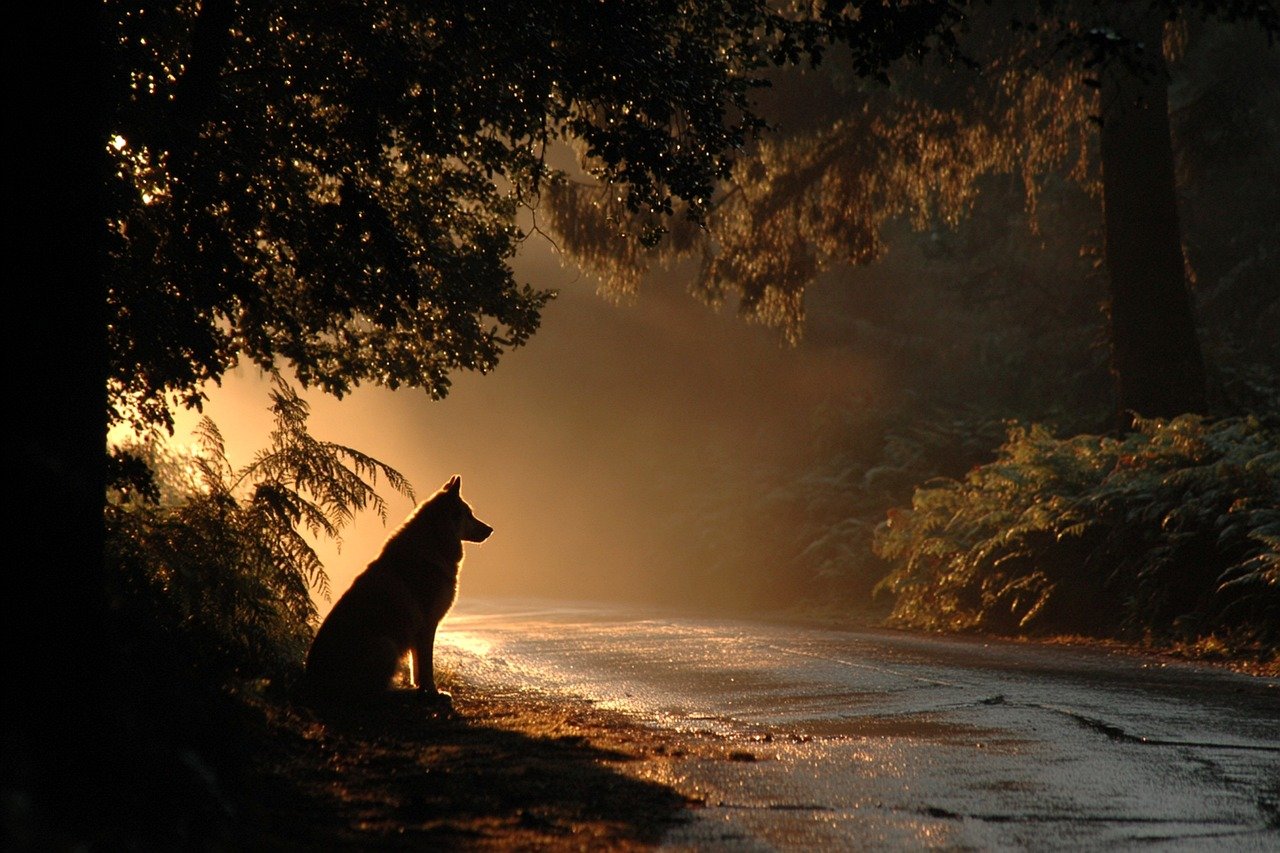 강아지 한마리에 앉아서 고독을 즐기고 있는사진