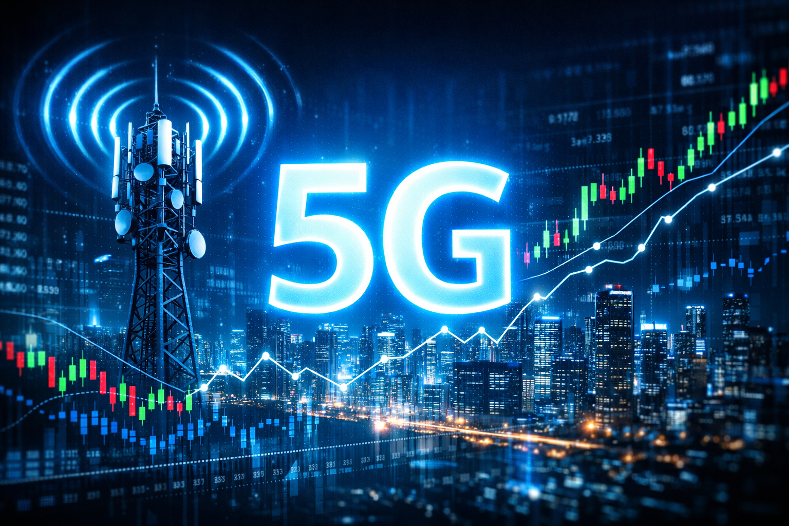 5G 네트워크 인프라와 주식 시장 상승을 표현한 이미지