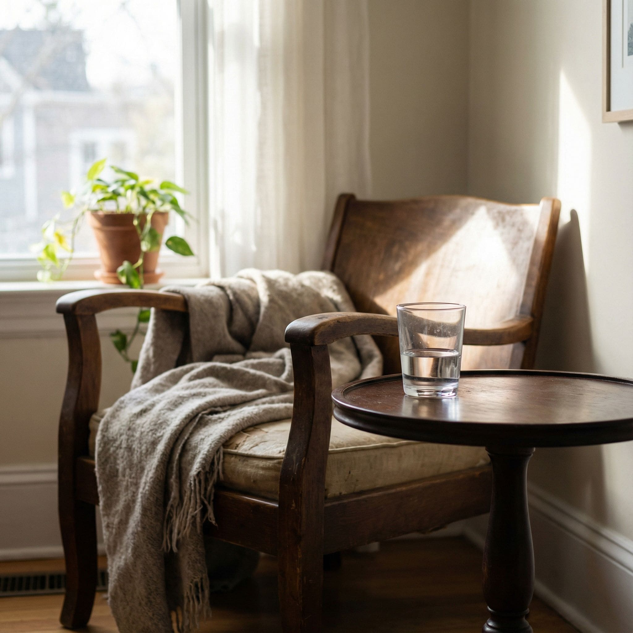 아침에 물을 마신 후 테이블 위에 놓인 물컵과 차분한 공간